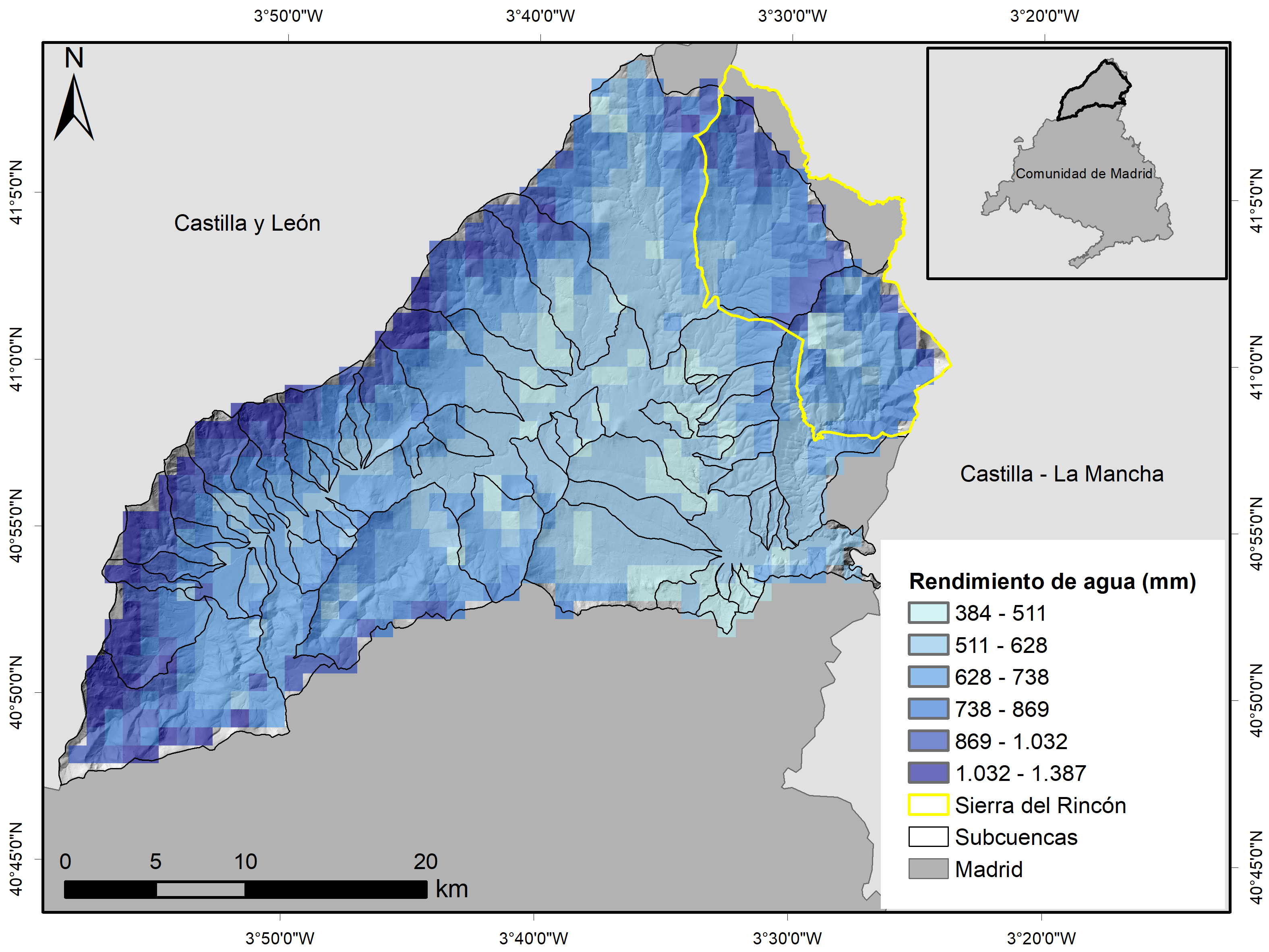 Mapa de la capacidad de provisión de agua de las sub-cuencas hidrográficas que drenan al embalse de El Atazar. Resultado del modelo Inves (Autores del artículo)